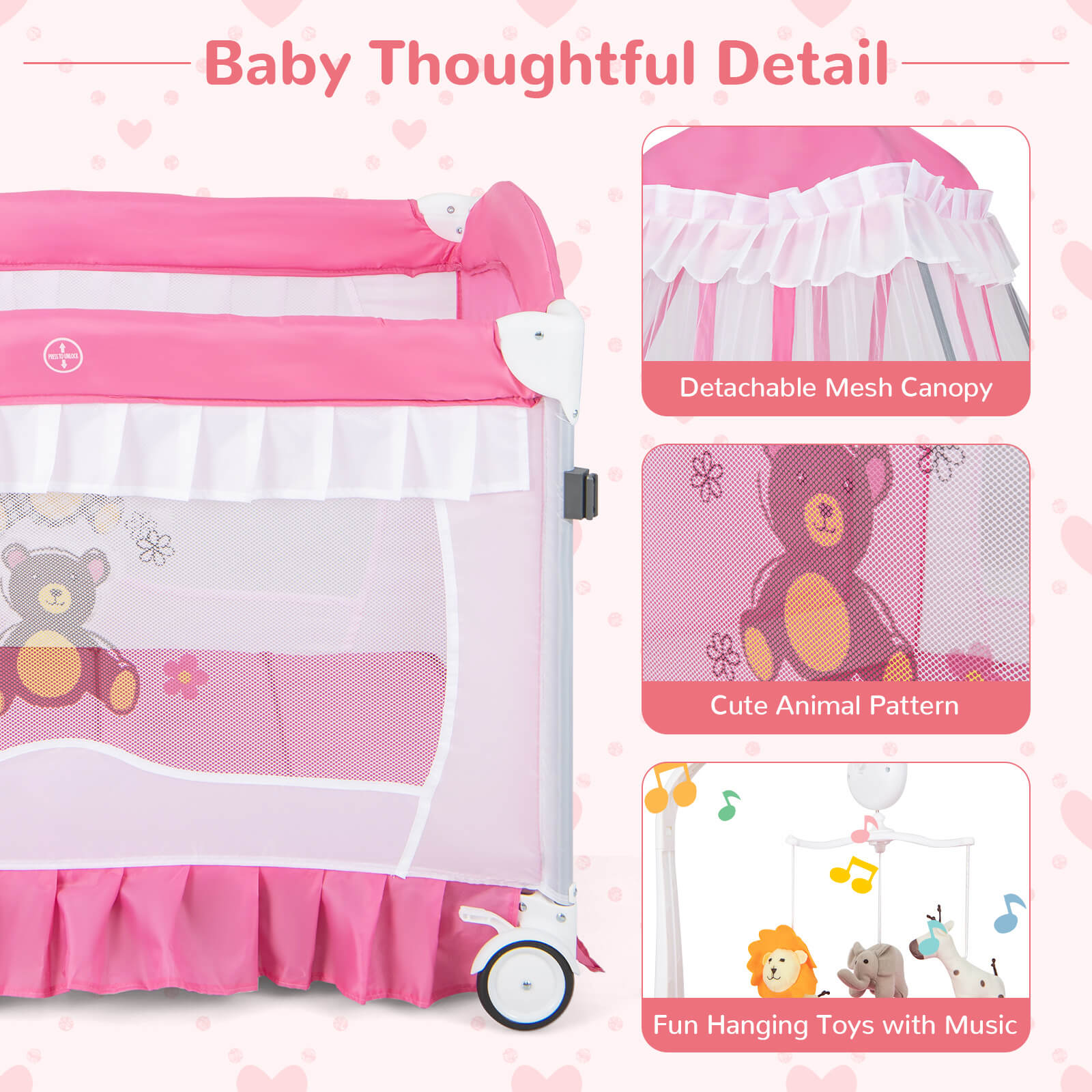 Costway 4-in-1 Baby Playard Crib with Changing Table, Pink photo 8