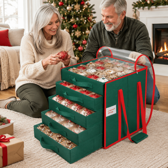 Green 100-3" Ornaments Christmas Storage Chest, 5 Tier Holiday Decor Storage Box