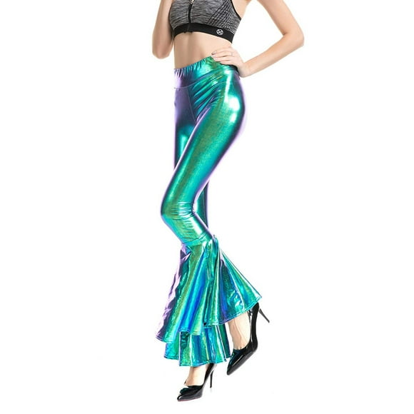iTNHFP Thermal Leggings Women Shiny Metallic Flare Leggings for Women Sexy High Waisted Bottom Pants Stretch 70S Disco Yoga Trousers