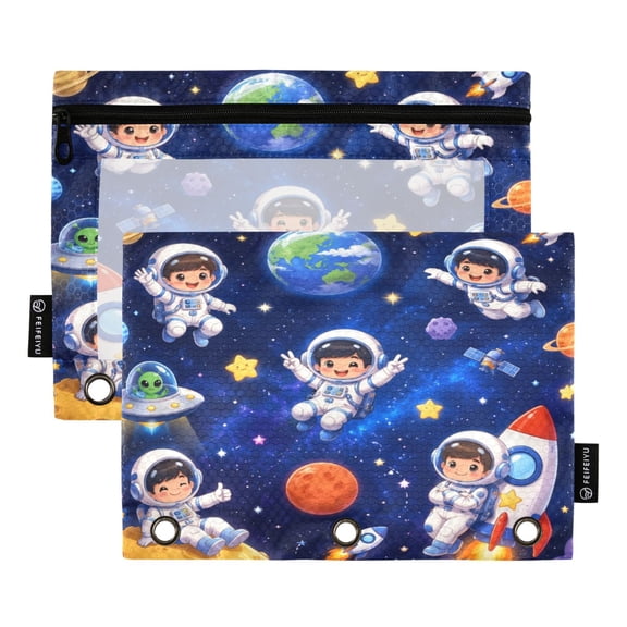 2 Pack 3 Ring Binder Pouch with Clear PVC Window Water Resistant Zipper Pencil Pouch Cute Space Astronauts Pattern Binder Pocket for Classroom Office Home Stationery Organization