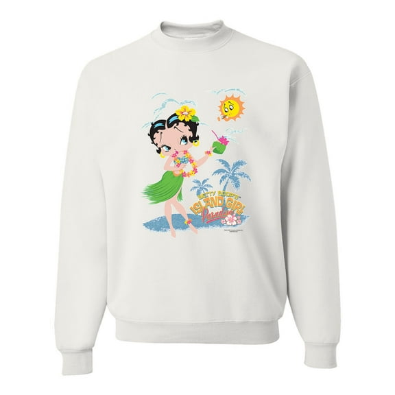 Wild Bobby, Betty Boop Island Girl Paradise Betty Boop Unisex Crewneck Sweatshirt, White, XX-Large