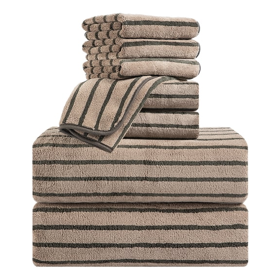 Jessy Home 8 Pcs Dark Brown Bicolor bar Stripe Large Bath Towels Set 2 Oversized Bathroom Towels, 2 Hand Towels, 4 Washcloths