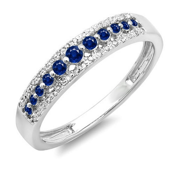 Dazzlingrock Collection 14K Round Blue Sapphire & White Diamond Ladies Anniversary Wedding Band Ring, White Gold, Size 5.5