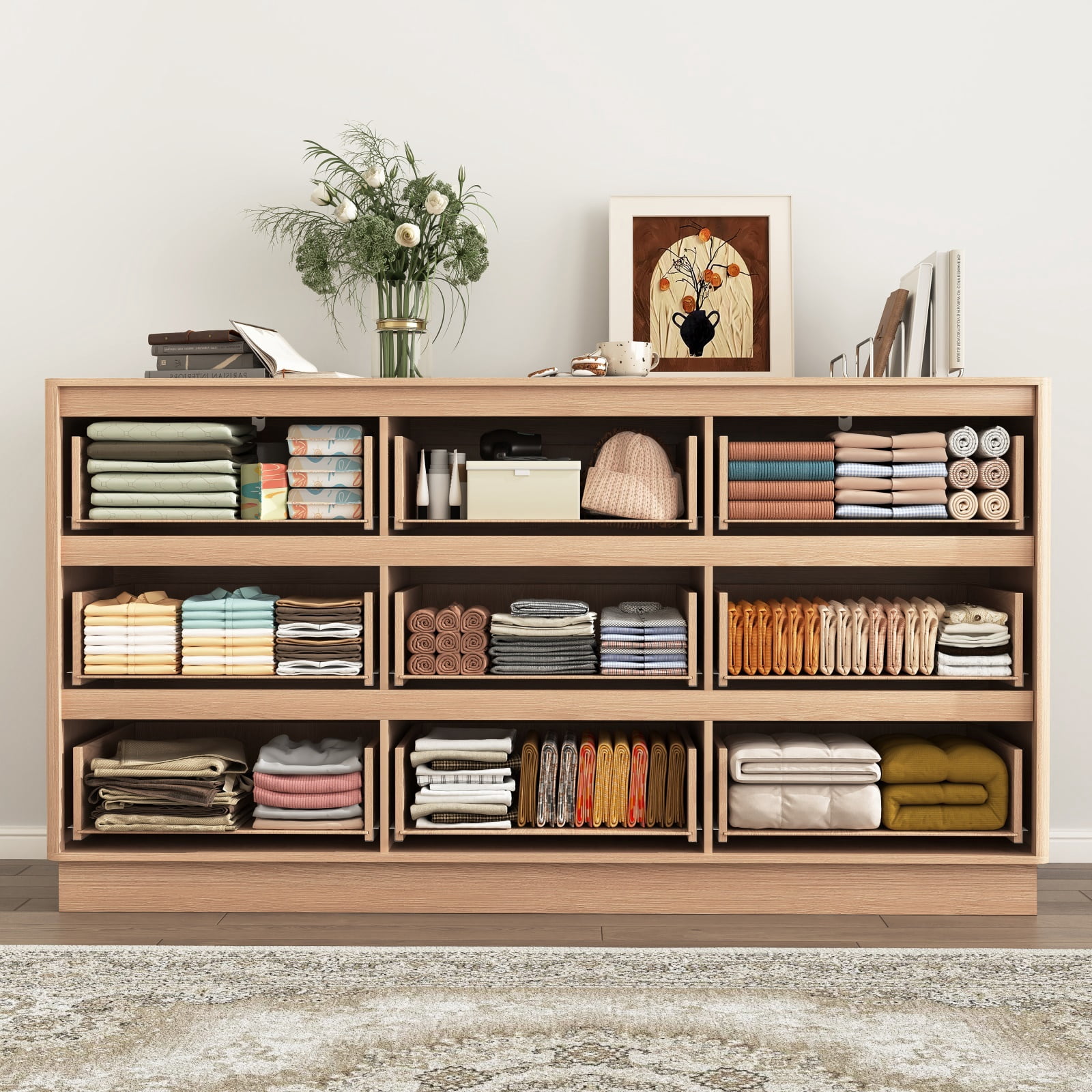 Hommoo Modern 9-Drawer Wood Dresser, Fluted Chest of Drawers, Multifunctional Storage Cabinet Credenza Side Table, Natural