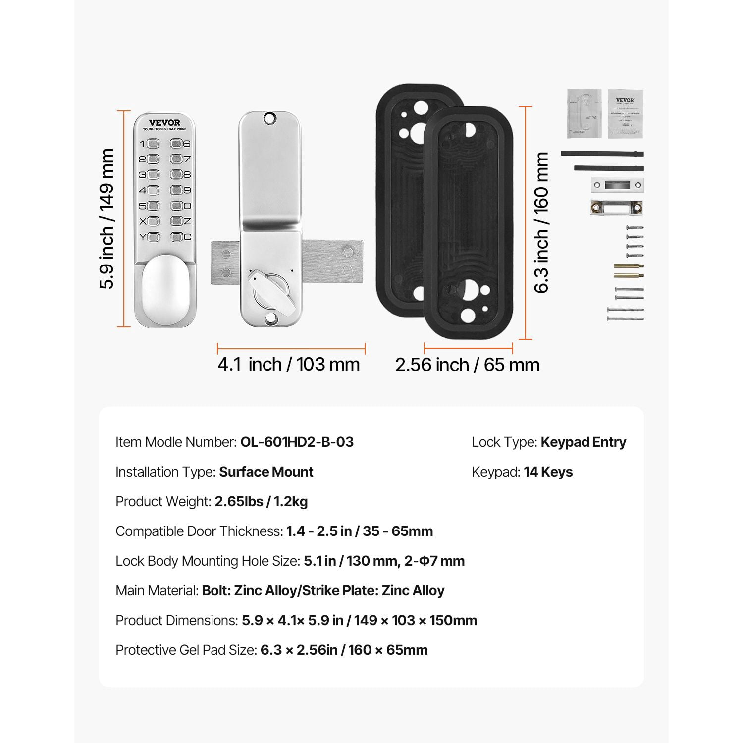 Mechanical Keyless Door Lock, Gen2 with Adjustable Handles, Surface Mount 1.4-2.5 Inch Door Compatibility, Zinc Alloy, No Batteries for Gate Garden Garage