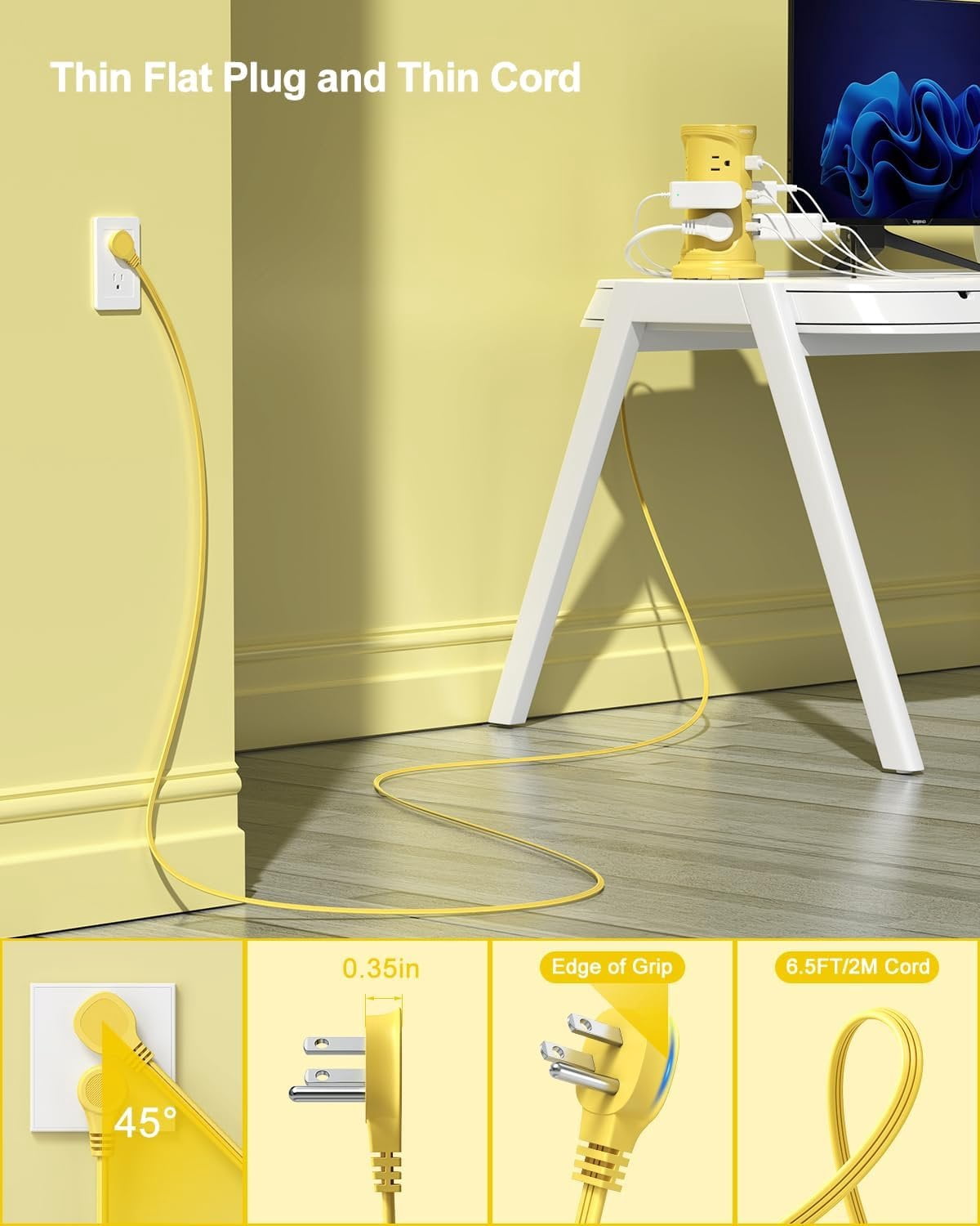 Tower Power Strips with Surge Protection, 6.5FT Flat Extension Cord with Multiple Outlets, 12 AC 4 USB Ports(2 Type C), Flat Plug Surge Protector Power Strip with Screw Wall Mount for  Office Dorm