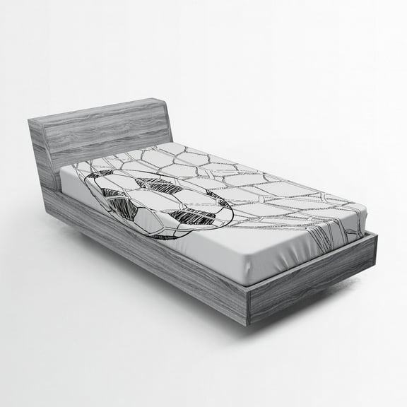 Soccer Fitted Sheet, Soccer Ball in Net Goaly Position Sports Competition Spectators Hand Drawn Style, Soft Decorative Fabric Bedding All-round Elastic Pocket, Twin Size, White Black, by Ambesonne