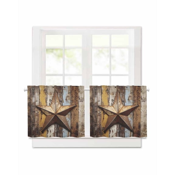 Retro Star Short Blackout Curtains 30Inch Long Abstract Metal Stars Old Wooden Walls Country Rod Pocket Kitchen Curtains, 2 Panels Thermal Insulated Room Darkening Drapes for Bedroom, 30"W x 30"L