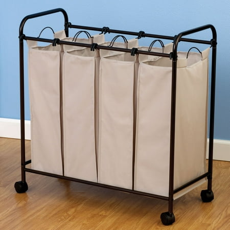 Household Essentials Rolling Quad Sorter Laundry Hamper with Natural Polyester Bags, Antique (Best Laundry Hamper Sorter)