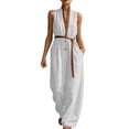 thumbnail image 4 of Guluxicc Women's Contrast Trim Elastic Waist Pleated Wide Leg Jumpsuit Casual Belted Stand Collar Sleeveless Loose Fit Rompers, 4 of 6