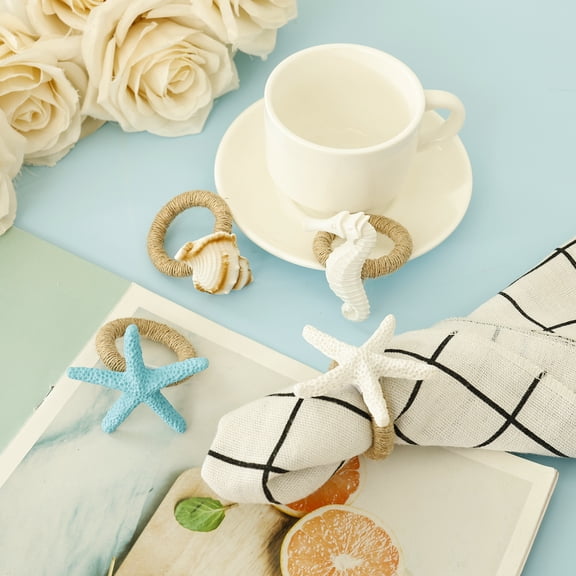 Grusce 12PCS Starfish Napkin Rings, White Starfish Seahorse Shell Napkin Ring Holders for Crafts, Beach, Dinner Party, Wedding, Theme Party, Banquet, Nautical, Coastal Table Decor
