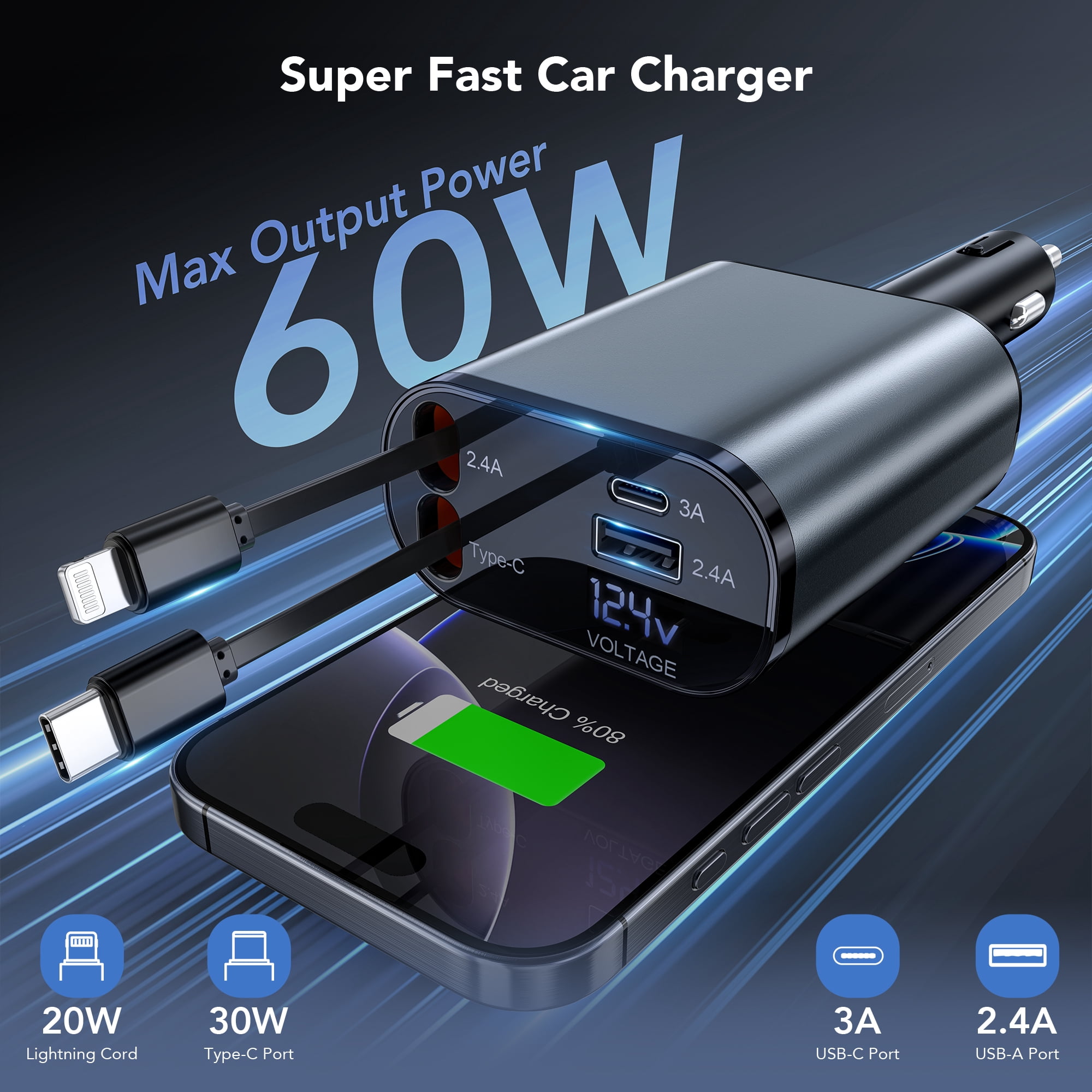 TAOHAI 60W 4-in-1 Retractable Car Charger USB C - Fast Charging Adapter with 2 USB Ports for iPhone 16/15, Galaxy, Pixel