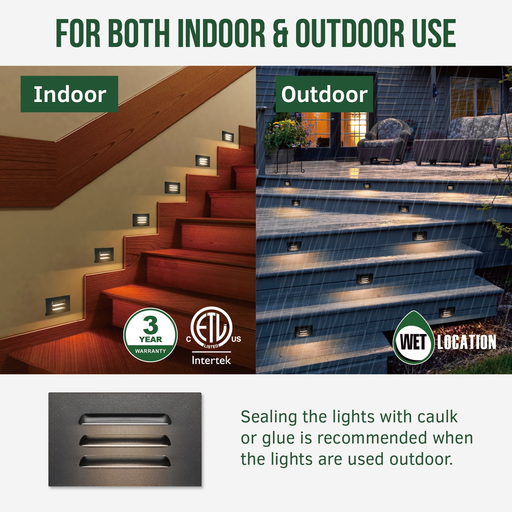 GKOplus 120V 110LM Dimmable LED Step Lights Indoor Outdoor, 3.5W Anti Glare Stair Lighting with Horizontal Louvered Faceplate, Waterproof, 3000K Warm White, Aluminum Black Finish, ETL Listed, 6 Pack