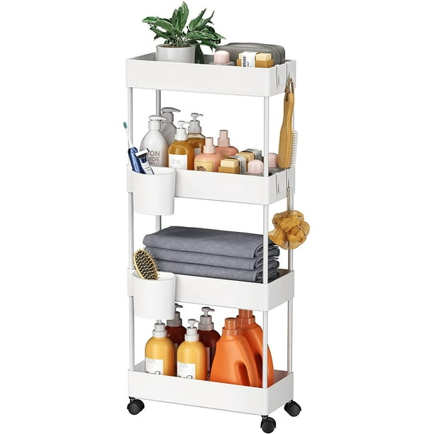 4 Tier Removable Slim Storage Cart Rolling Cart Bathroom Organizers with Wheels, Slide Out