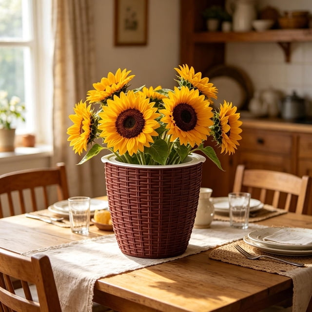 Small Round Plastic Flower Pot With Faux Woven Rattan Texture And Home Decor Planter For Green Plants And Succulents