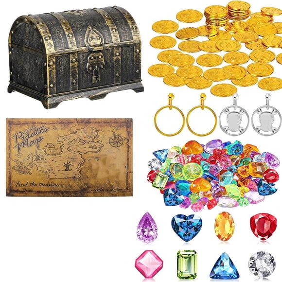 DTREELS 147 Pieces Pirate Treasure Chest Toy Box with Lock and 1 Treasure Map 100 Colorful 2 40 Gems Earrings 4 Skeleto Pirate