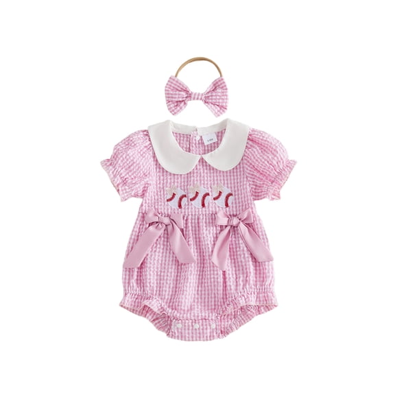 BemeyourBBs Newborn Baby Girl Baseball Outfit Infant Baby Girl Summer Clothes Plaid Gingham Bubble Romper Baseball Embroidery Doll Collar Short Sleeve Infant Bodysuits Jumpsuits with Headband