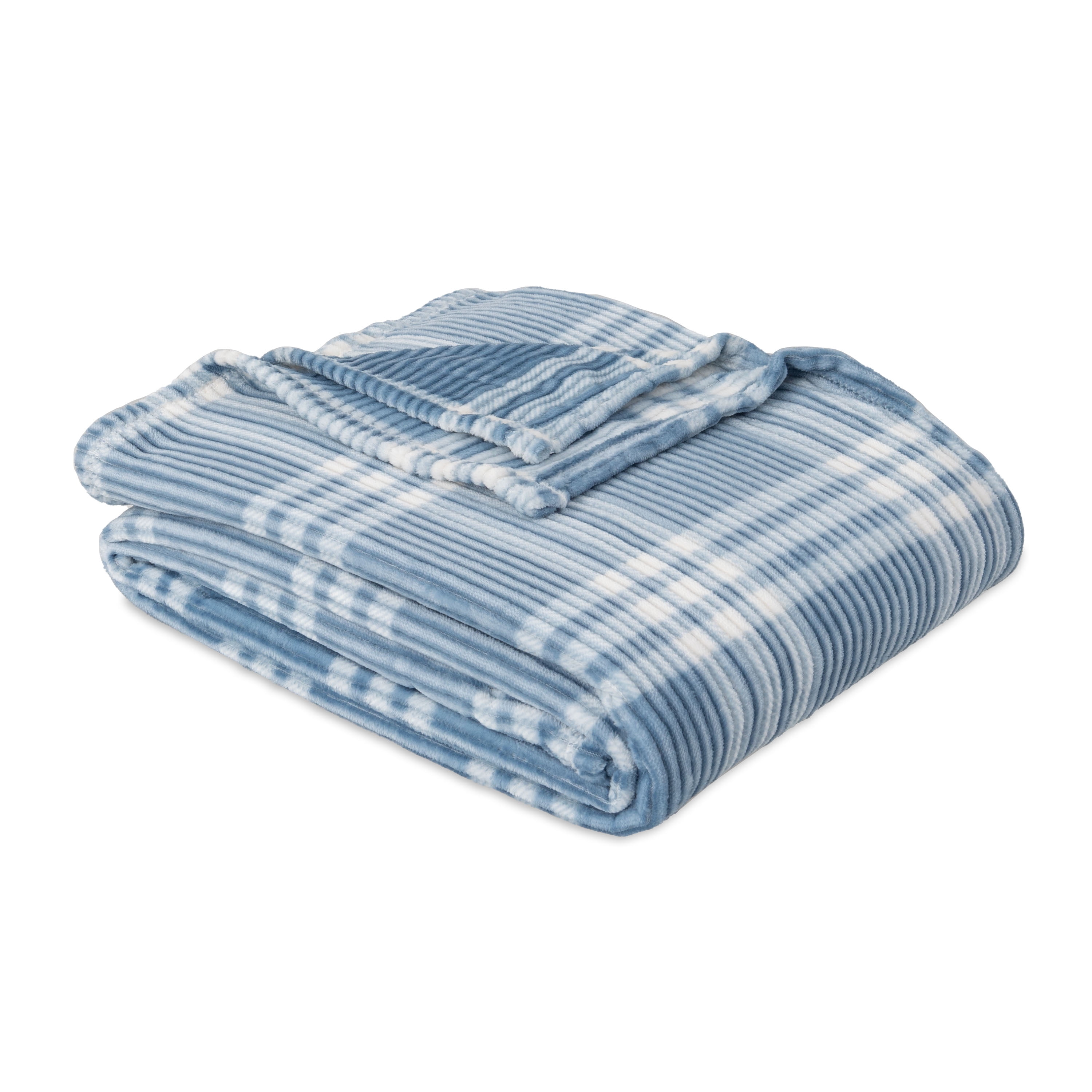 Mainstays Printed Textured Velvet Plush Super Soft Bed Blanket, Full/Queen Size, Blue Corduroy Plaid