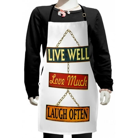 

Saying Kids Apron Live Well Love Much Laugh Often Words Rusty Signs Tied Chains Print Boys Girls Apron Bib with Adjustable Ties for Cooking Baking Painting Multicolor by Ambesonne
