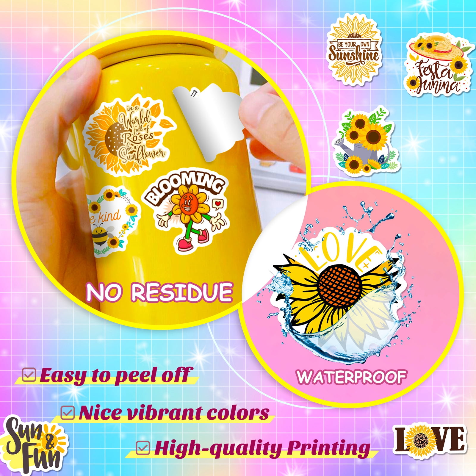 50-Pack Sunflower English Word Stickers - Fresh Ins-Style Cartoon Sunflower Decals for Phones, Laptops, and DIY Projects