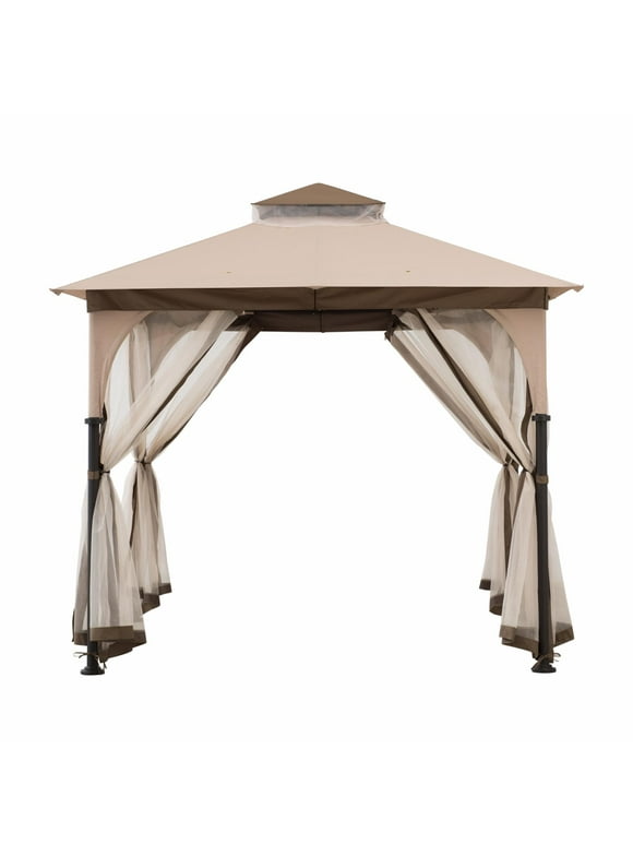 Sunjoy Shelby Outdoor Patio 9.5 x 9.5 ft. Steel Frame 2-Tier Soft Top Roof Gazebo with Ceiling hook, and Netting, Tan and Brown