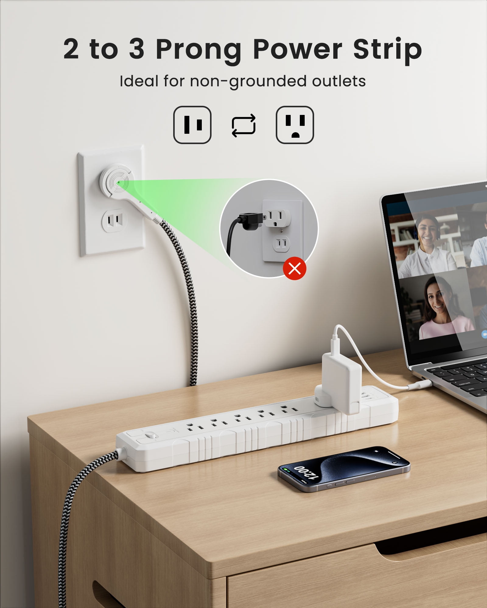 LENCENT 2 Prong Power Strip 6ft, 6AC+4USB(1Type-C), Surge Protector, 2-to-3 Prong Polarized Flat Plug for Indoor