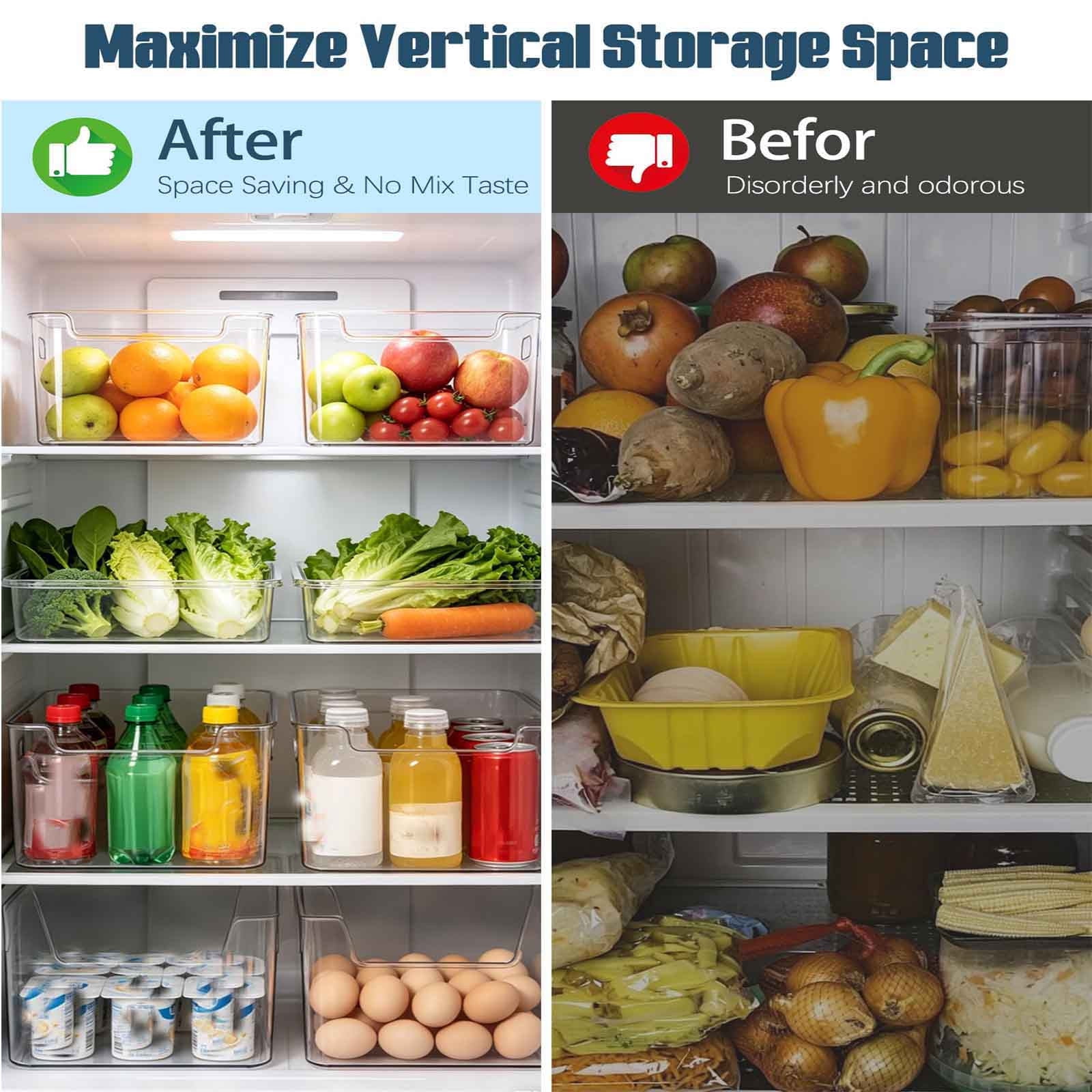 Freezer Storage Bins 4 Pack, Clear Plastic Stackable Kitchen Organizer with Handles for Fridge Pantry Meat Veggies
