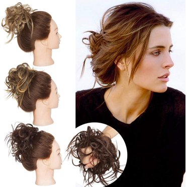 AmPm Chouchous Chignon Désordonné Pièce de Cheveux 45g Chignon Synthétique Ondulé Extensions de Queue de Cheval Bande Élastique Chignons pour Femmes -Marron à Blond Décoloré