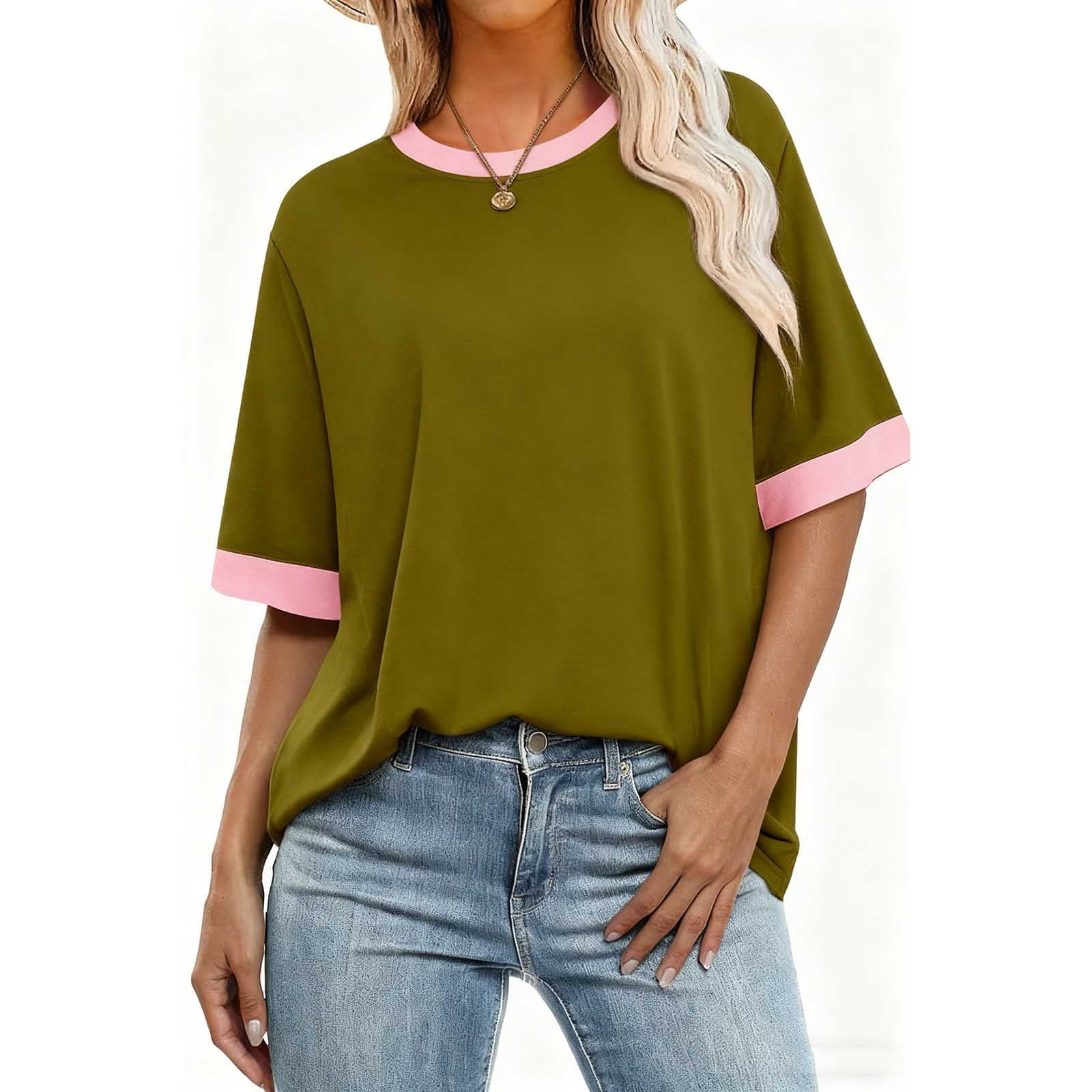ylioge S-5X Plus Size T Shirts for Women Short Sleeve Crewneck Tees Tops Womens Casual Color Block Pullover Breathable Basic Blouses Top