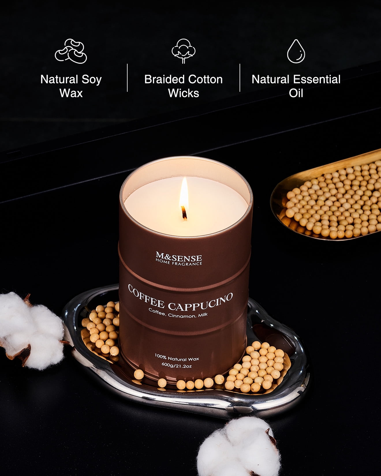 M&SENSE Coffee Cappucina Large Scented Candle, Soy Natural Wax 21.2oz 120hrs