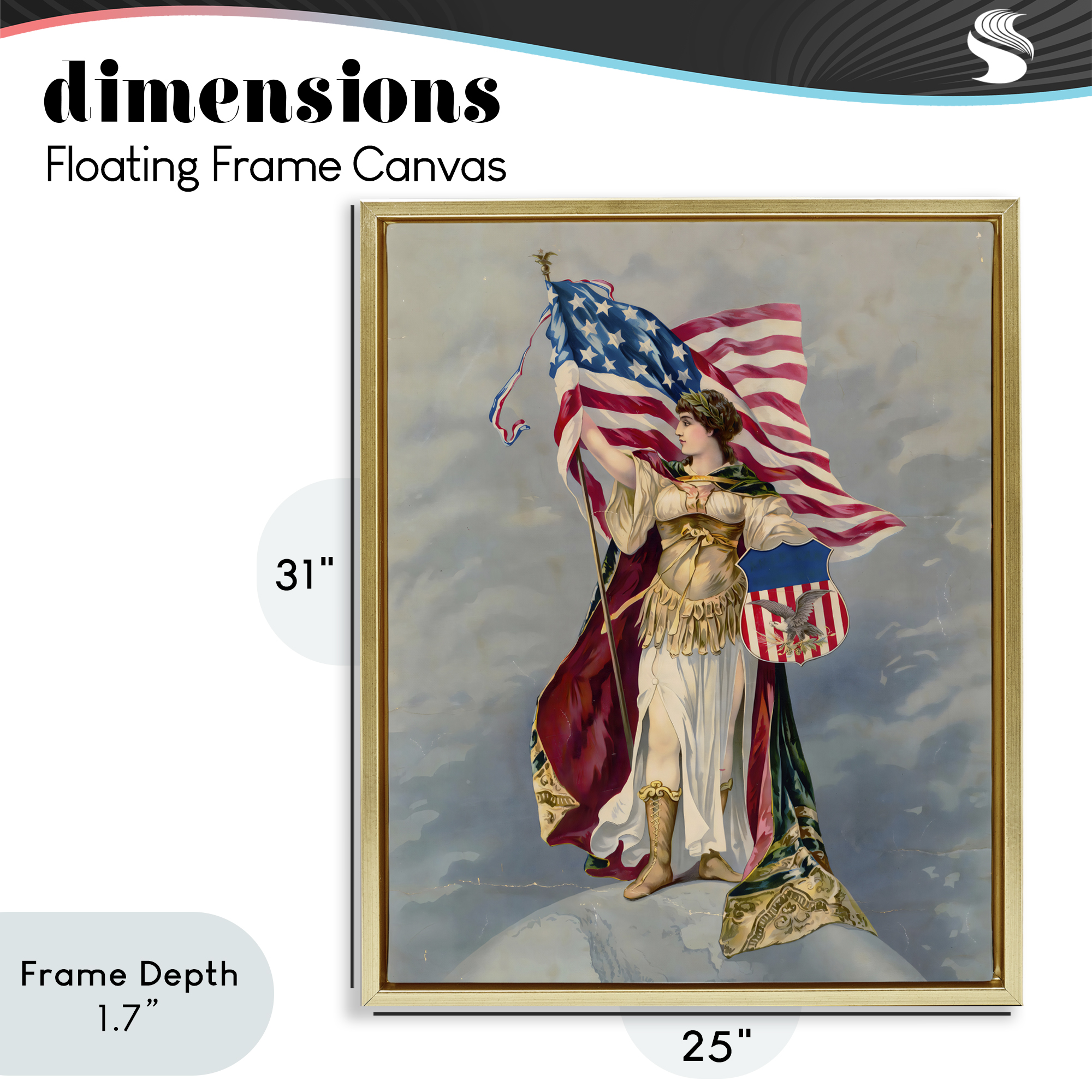 Stupell Industries Columbia Standing with American Flag Gold Framed Floater Canvas Wall Art, design by Arlington Prints