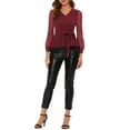 thumbnail image 2 of INSPIRE CHIC Women's Mesh Long Sleeve V Neck Ruffle Hem Peplum Top with Belt, 2 of 5