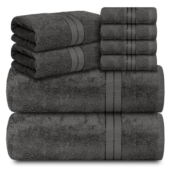 Casa Lino 8Pc Premium Bath Towel Set (2 Bath Towels, 4 Washcloths, 2 Hand Towels) - 100% Cotton, 400GSM & Ultra Absorbent (Smokey Grey)