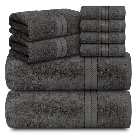 Casa Lino 8Pc Premium Bath Towel Set (2 Bath Towels, 4 Washcloths, 2 Hand Towels) - 100% Cotton, 400GSM & Ultra Absorbent (Smokey Grey)