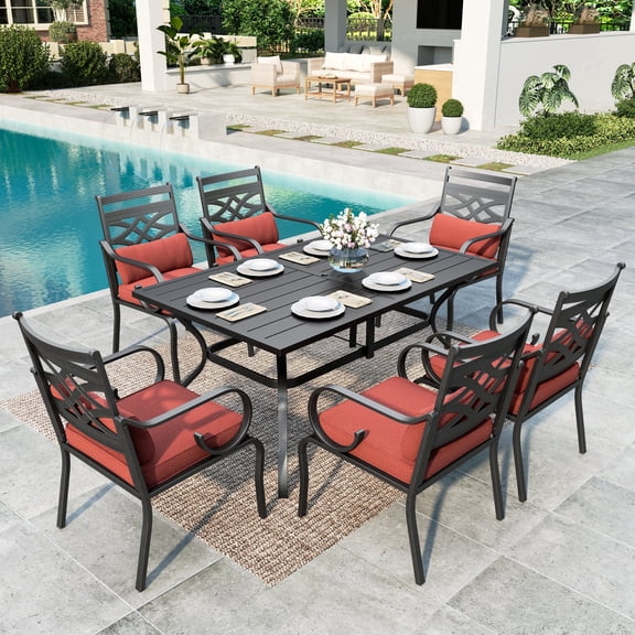 SUMMIT LIVING 7-Piece Outdoor Patio Dining Set with 6 Cushioned Chairs & Metal Steel Table with Umbrella Hole, Black & Red
