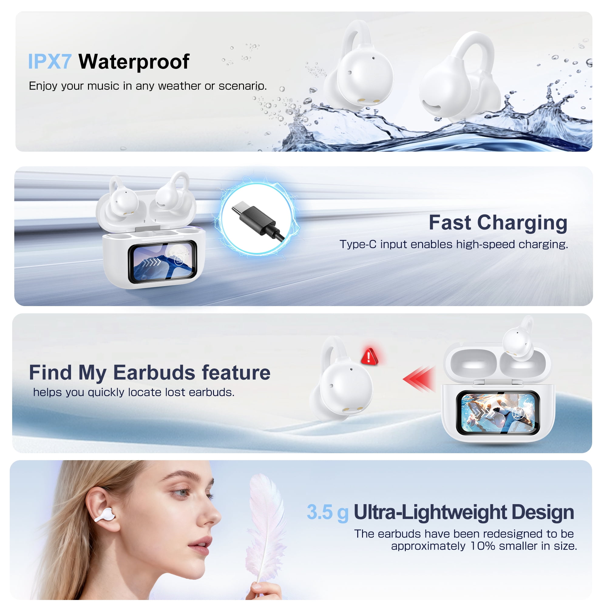 Open-Ear Headphones, Wireless Clip On Earbuds with Touch Screen Charging Case 60H Playtime, Bluetooth 6.0, IPX7 Waterproof, Lightweight Comfort, Stable Fit, Open-Ear Safety Design for Workout/Running