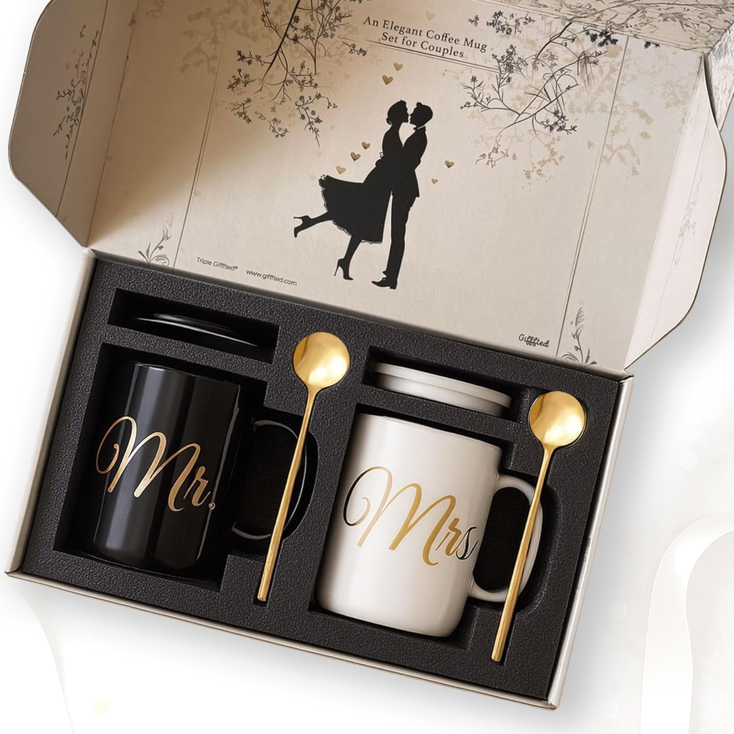 Triple Gifffted Couples Gifts For Wedding Anniversary, Engagement, Christmas, Mr and Mrs Mugs, Him Her, His Hers, Newlywed Couple Gift, Bride Groom, Lids Teaspoons, Ceramic, 380ML