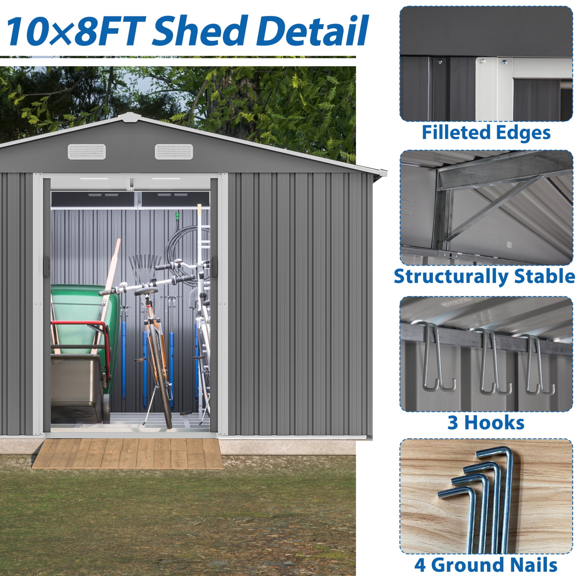 10X8 FT Outdoor Storage Shed, Metal Tool Shed & Outdoor Storage with Lockable Door and Vents Ideal for Bicycles, Tools, Lawnmowers, Backyards, Patios, Lawns