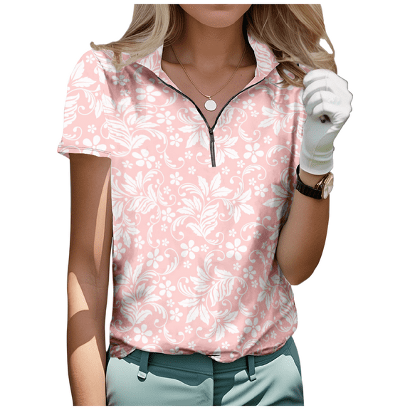 Floral Prints Half Zip T-shirt Women's Stand Collar Short Sleeve Casual Golf Shirt