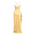 thumbnail image 5 of Women Spaghetti Strap Satin Maxi Evening Gown, Cowl Neck Ruched Bodycon Long Dress With High Side Slit, Elegant Formal Prom Wedding Guest Cocktail Party Dress Yellow,L, 5 of 6