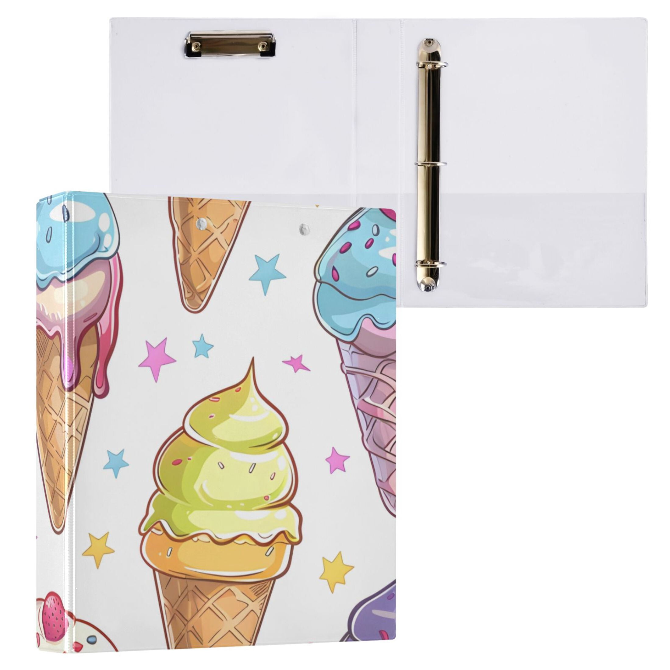 Ice Cream 3 Ring Binders 1.5 inch Hardcover File Folders with Interior Pockets A4 Size Organizer for School Office Hospital
