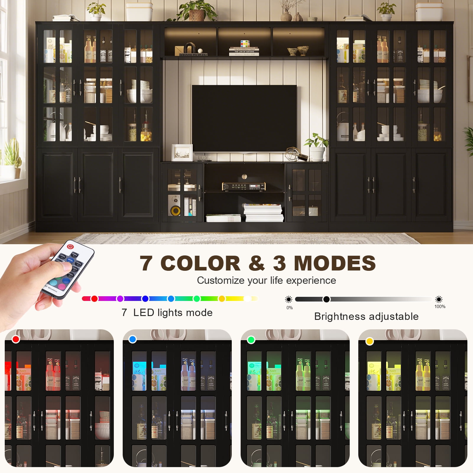 MEISSALIVVE 4-Piece Wall Unit TV Stand with Storage & LED Lights for TVs up to 75", Modern Entertainment Center with Bookshelves & 6-Door Pantry Cabinet, Black