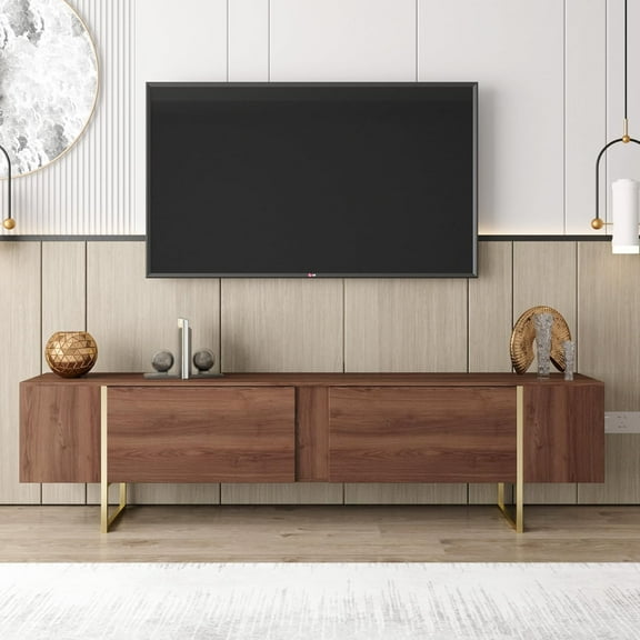 Tv Stand 71” with Gold Legs and Two Spacious Doors (Walnut)