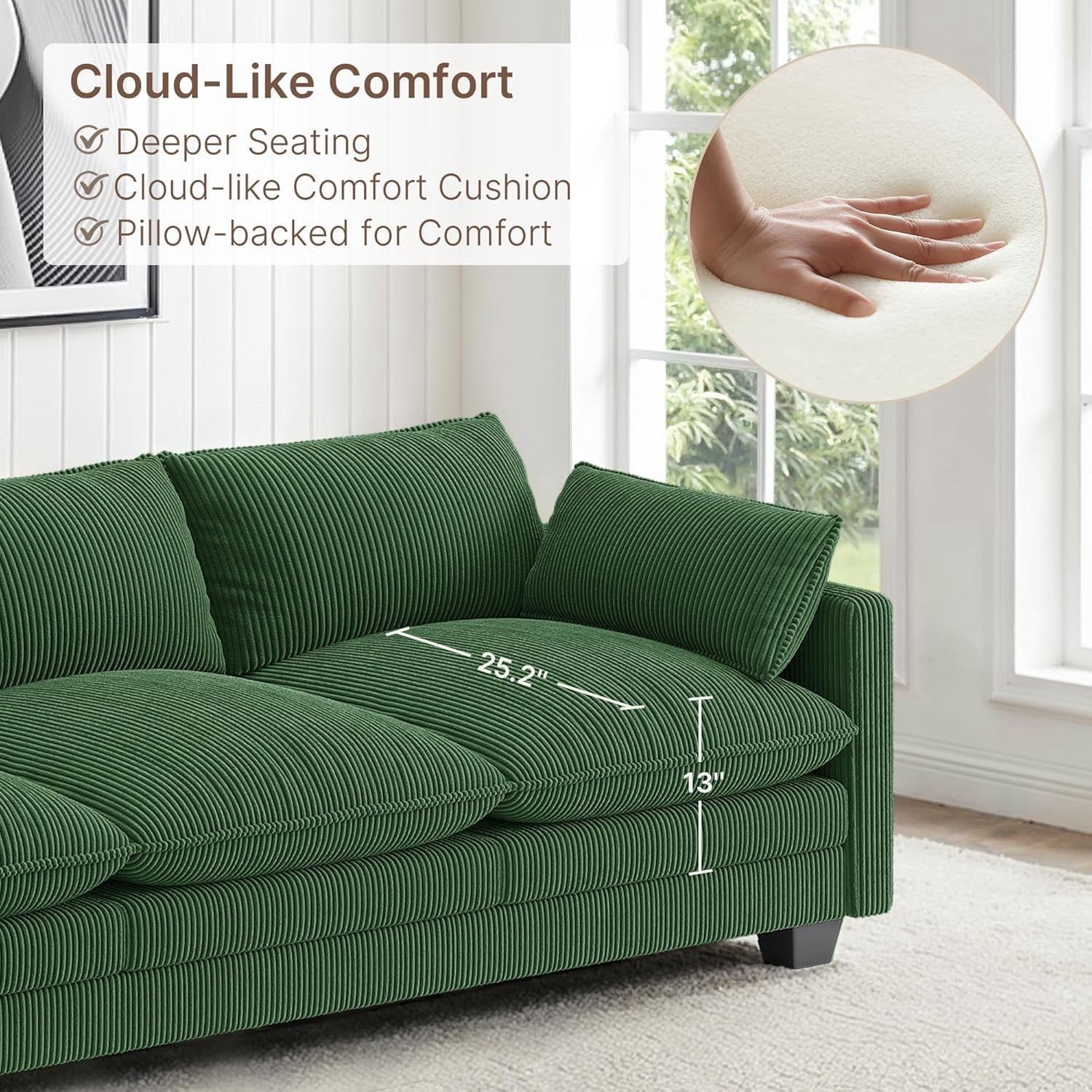 110'' Oversized L Shaped Couch for Living Room, Noelse Cloud Couches with Washable Corduroy Cover, Modern 4-Seater Comfy Deep-Seat Sofa with Movable Otteoman and 2 Throw Pillows, Green, Clearance