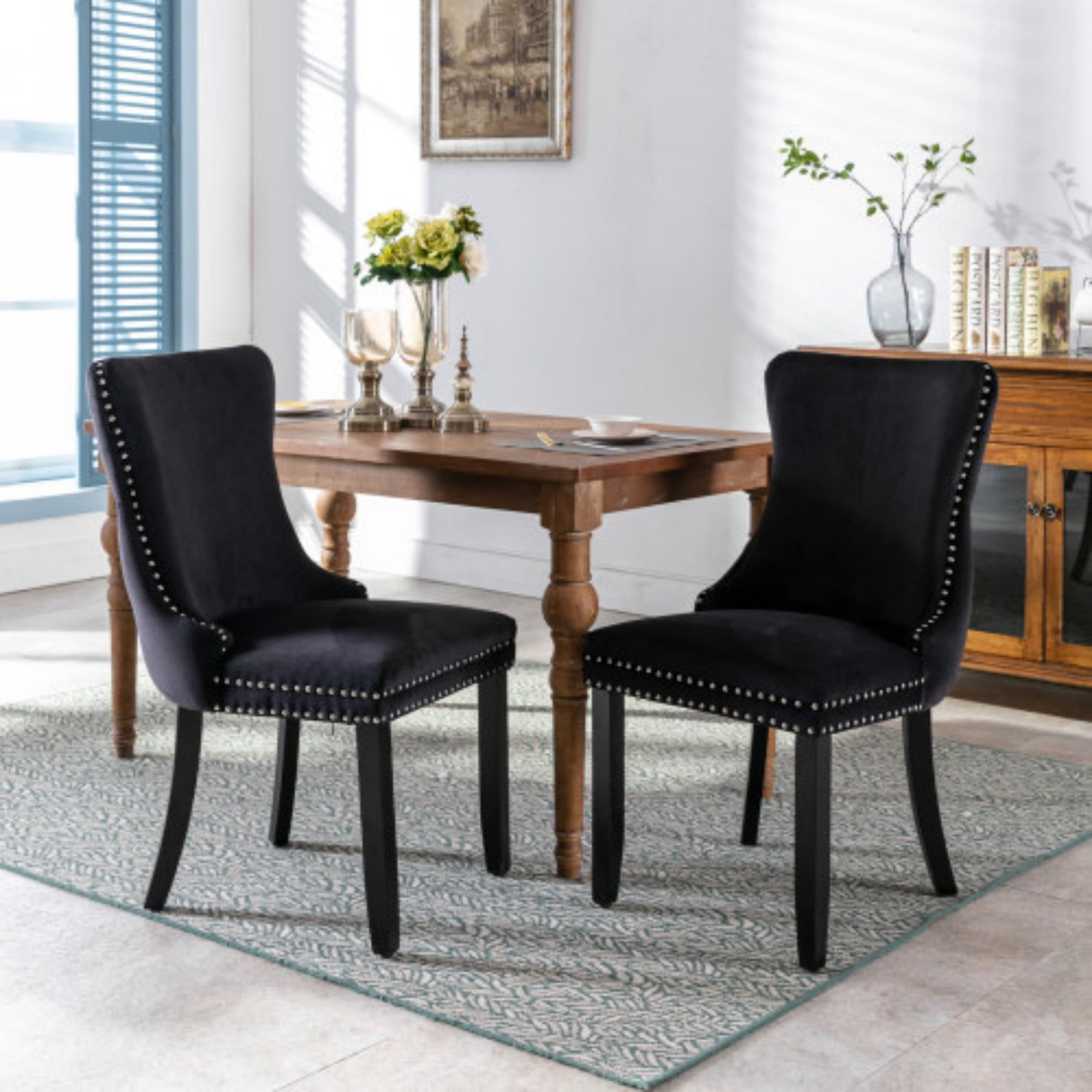 BSHTI 37" Velvet Upholstered Wingback Dining Chairs Set of 2 with Wood Frame, Foam Seat, Rivet Trim, Adjustable Feet for Dining Room (Black)