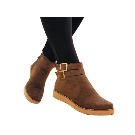 

Avamo Womens Booties Round Toe Bootie Side Zip Ankle Boots Work Winter Shoes Formal Comfort Flat Short Boot Brown 8
