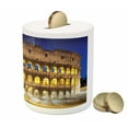 thumbnail image 3 of the Colosseum Piggy Bank, Historic Imperial Roman Architecture European Culture, Ceramic Coin Bank Money Box for Cash Saving, 3.6" X 3.2", Royal Blue Yellow Brown, by Ambesonne, 3 of 4