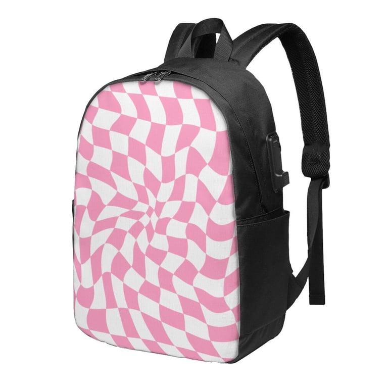 YFYANG 17" Laptop Backpack, Pink Plaid Art Fashion Travel Work Backpack  with USB and Headphone Cable Interface for Men and Women