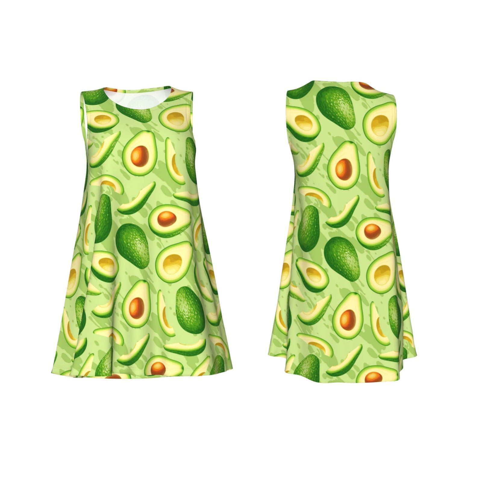 Picia Green Avocado Print Women’s Sleeveless Midi Swing Dress – A-Line Pleated Tank Sundress, Comfortable and Flowy T-Shirt Dress