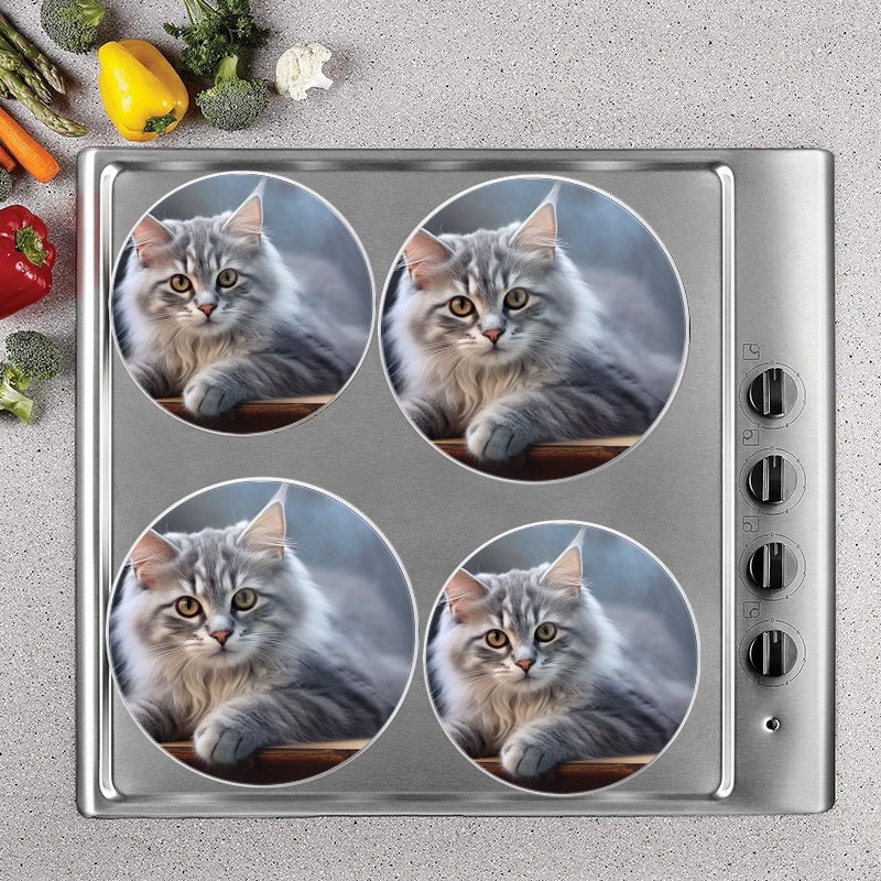 BaHomeck Electric Stove Burner Covers Set of 4,Round Metal Gas Stove Burner Covers 8 Inch and 10 Inch,Kitchen Decor,Grey Maine Coon Cat With White Paws And Face